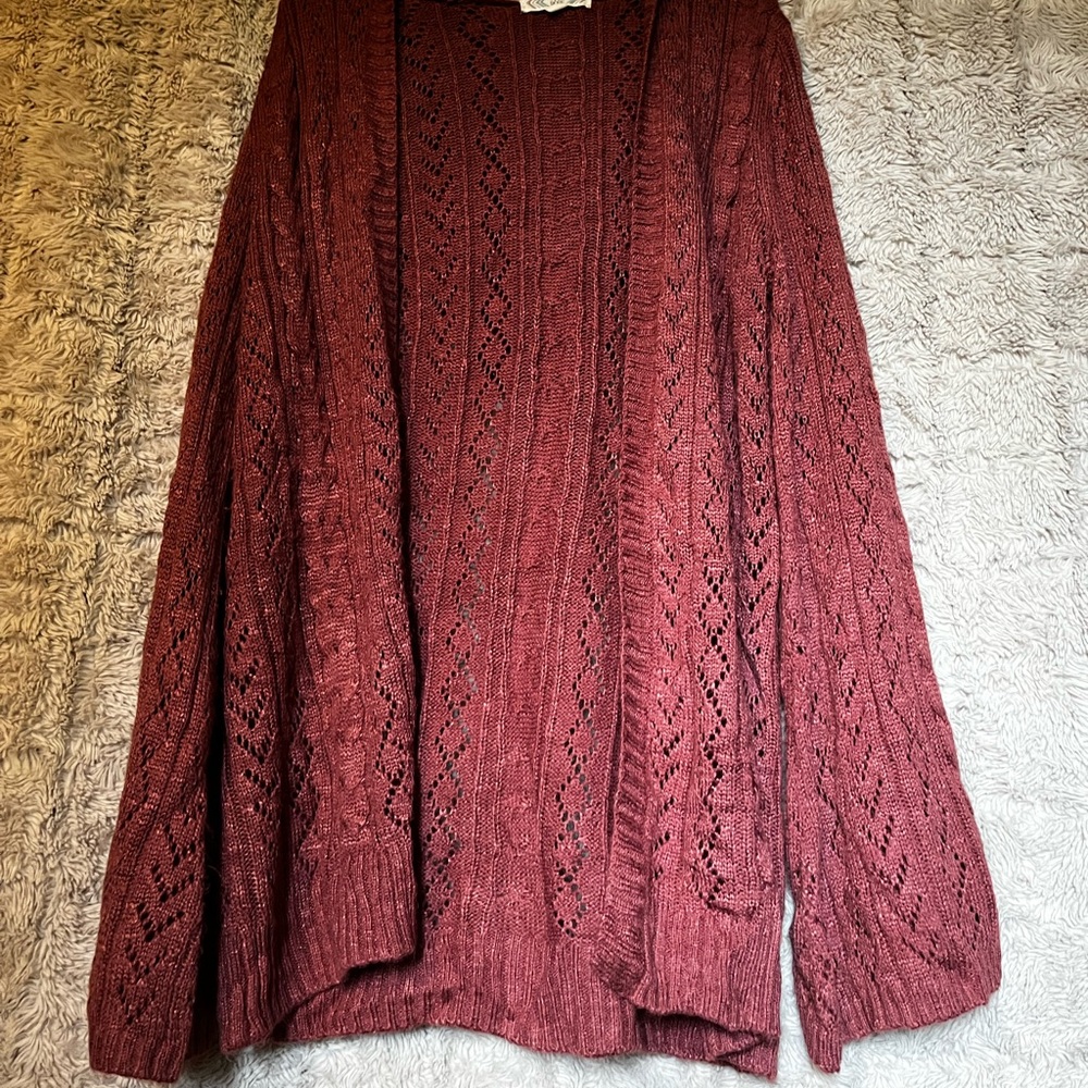 Size M hooded cardigan. Brand is Pink Rose, very lightweight and soft.